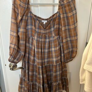 Gianni Bini Tan and Blue Checkered Long Sleeve Dress